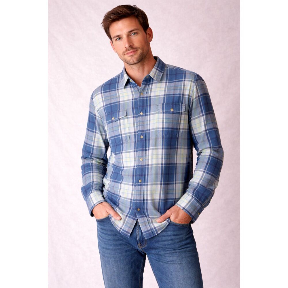 Lucky Brand XXL Indigo Plaid Button Up Shirt NWT Blue Fade Washed Long Sleeve